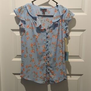 CeCe Blue and Orange Ruffled Cap Sleeve Blouse